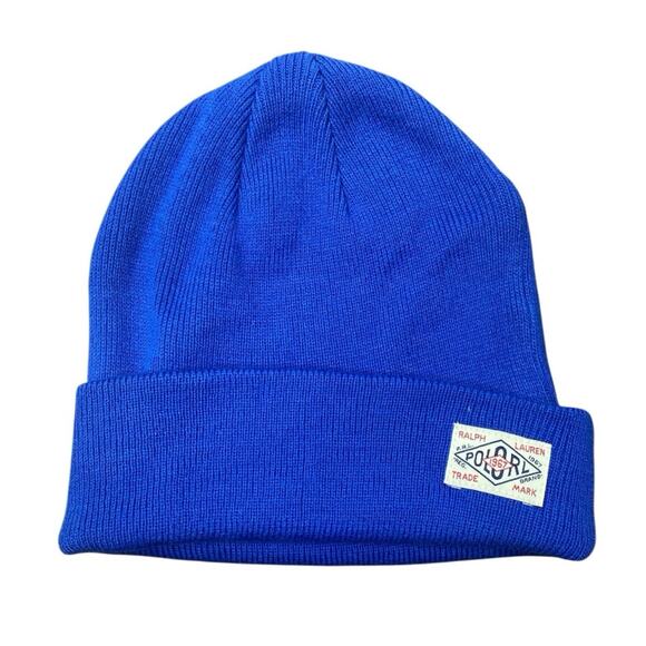 Polo Ralph Lauren Women's Blue Rib Knit Fold Over Logo Patch Beanie Cap Hat OS - Picture 1 of 3